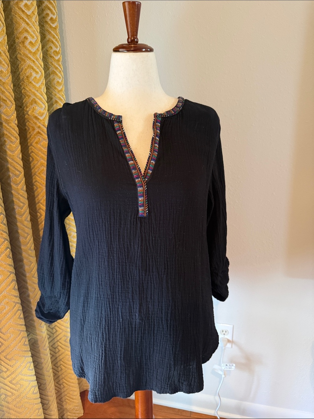 Black Split-Neck Tunic with Multicolor Trim